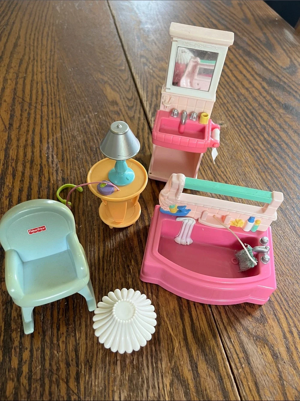 Vintage Fisher-Price Pink, Teal & Yellow Dollhouse Bath and Vanity Set